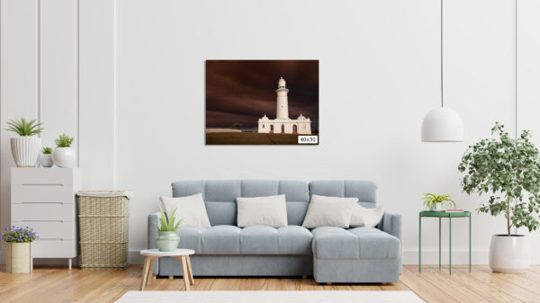 Lighthouse wall art print in Sydney with dramatic smoke-filled sky