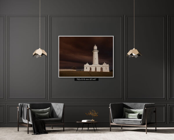 Lighthouse wall art print in Sydney with dramatic smoke-filled sky