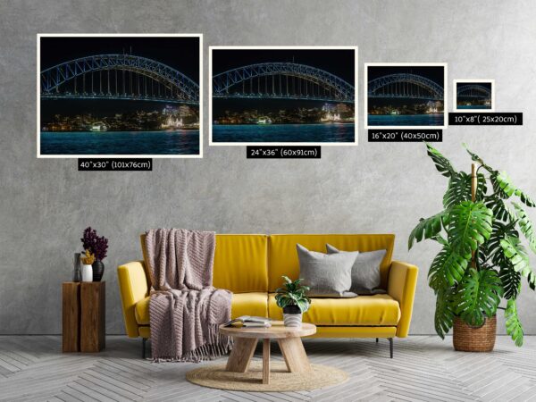 Wall art print of Sydney Harbour Bridge illuminated with vivid lights at night