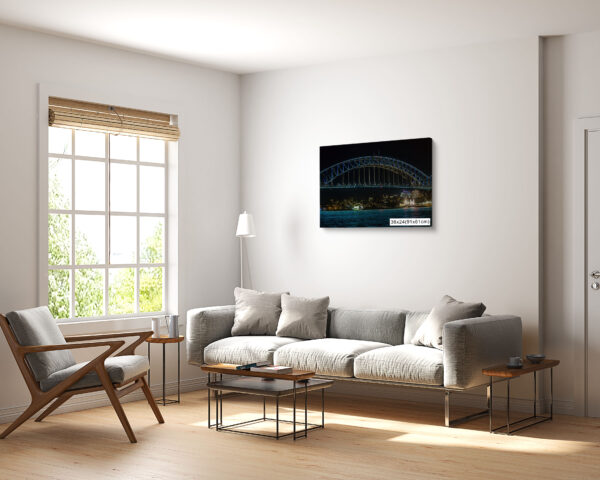 Wall art print of Sydney Harbour Bridge illuminated with vivid lights at night
