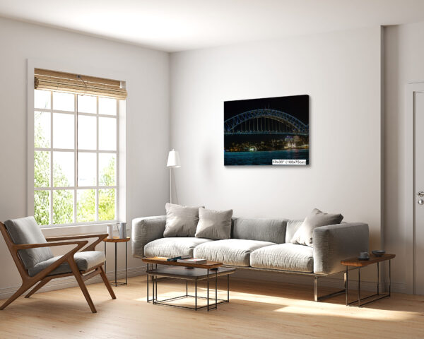 Wall art print of Sydney Harbour Bridge illuminated with vivid lights at night