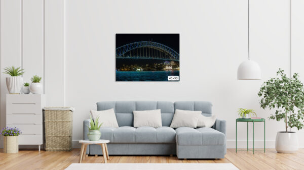 Wall art print of Sydney Harbour Bridge illuminated with vivid lights at night