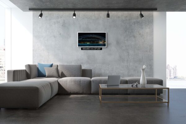 Wall art print of Sydney Harbour Bridge illuminated with vivid lights at night