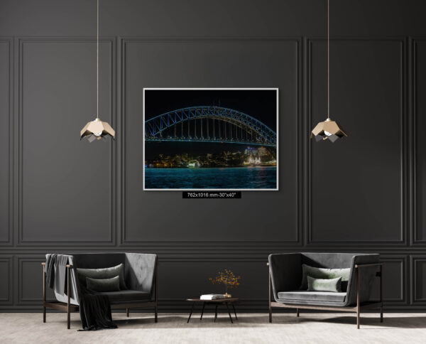Wall art print of Sydney Harbour Bridge illuminated with vivid lights at night