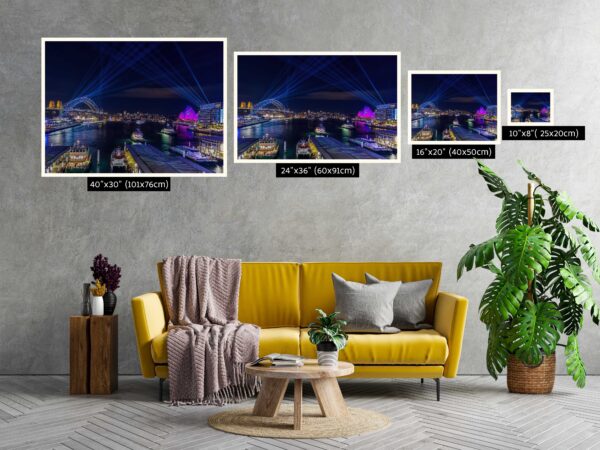 Vivid Sydney wall art print featuring Circular Quay illuminated by colorful light projections, showcasing Harbour Bridge and Opera House.