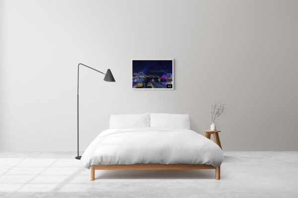 Vivid Sydney wall art print featuring Circular Quay illuminated by colorful light projections, showcasing Harbour Bridge and Opera House.