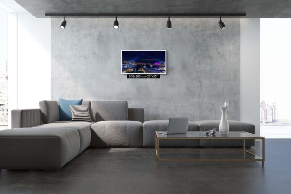 Vivid Sydney wall art print featuring Circular Quay illuminated by colorful light projections, showcasing Harbour Bridge and Opera House.