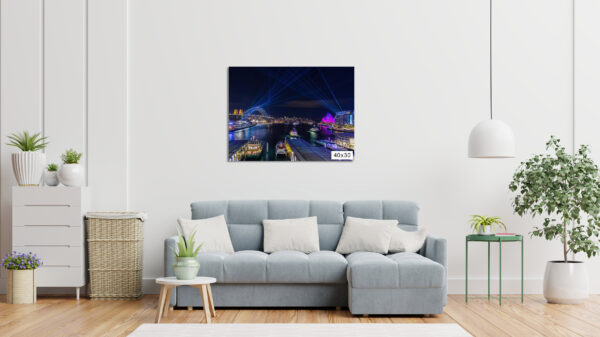 Vivid Sydney wall art print featuring Circular Quay illuminated by colorful light projections, showcasing Harbour Bridge and Opera House.