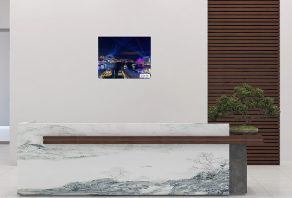 Vivid Sydney wall art print featuring Circular Quay illuminated by colorful light projections, showcasing Harbour Bridge and Opera House.