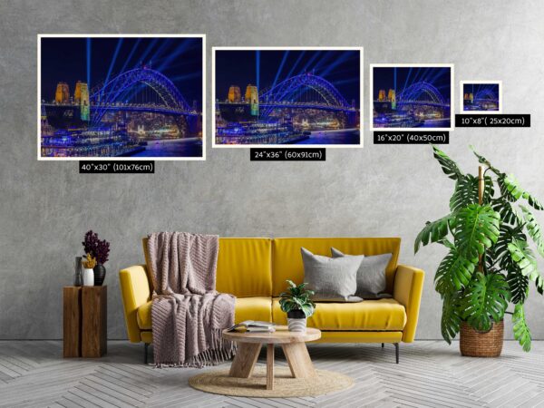 Colorful Vivid Sydney Harbour Bridge illuminated at night, captured in a high-quality wall art print