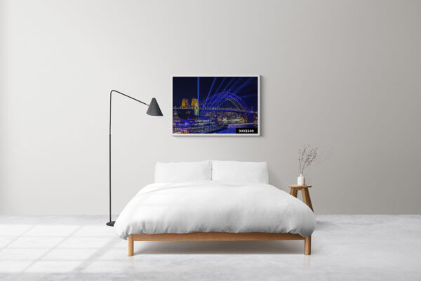 Colorful Vivid Sydney Harbour Bridge illuminated at night, captured in a high-quality wall art print