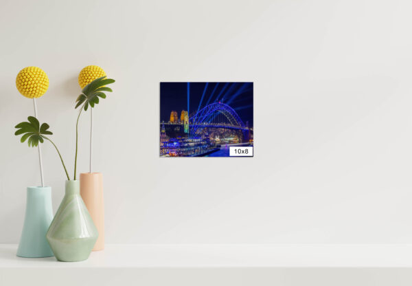 Colorful Vivid Sydney Harbour Bridge illuminated at night, captured in a high-quality wall art print