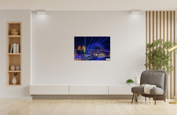 Colorful Vivid Sydney Harbour Bridge illuminated at night, captured in a high-quality wall art print