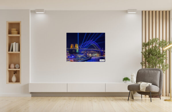 Colorful Vivid Sydney Harbour Bridge illuminated at night, captured in a high-quality wall art print