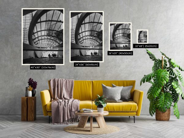 Black and white photograph of Wynyard Walk canopy in Sydney, featuring modern architectural lines – wall art print for home or office decor.