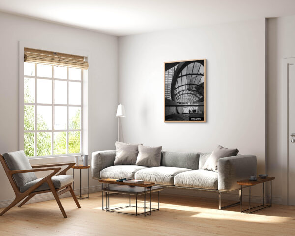 Black and white photograph of Wynyard Walk canopy in Sydney, featuring modern architectural lines – wall art print for home or office decor.