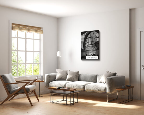 Black and white photograph of Wynyard Walk canopy in Sydney, featuring modern architectural lines – wall art print for home or office decor.