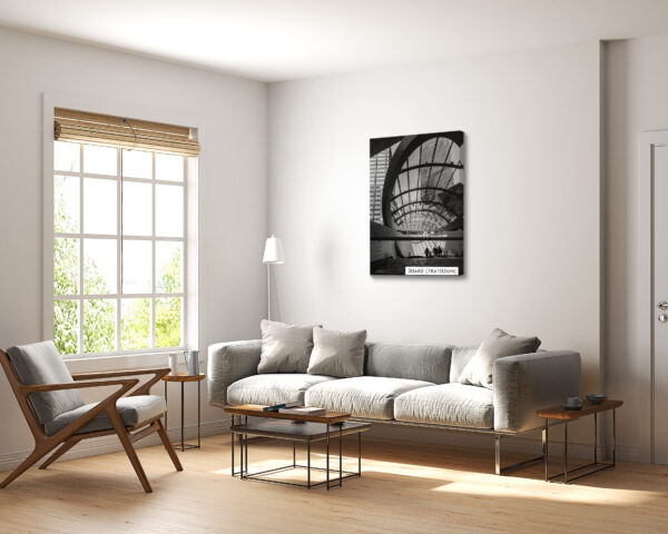 Black and white photograph of Wynyard Walk canopy in Sydney, featuring modern architectural lines – wall art print for home or office decor.
