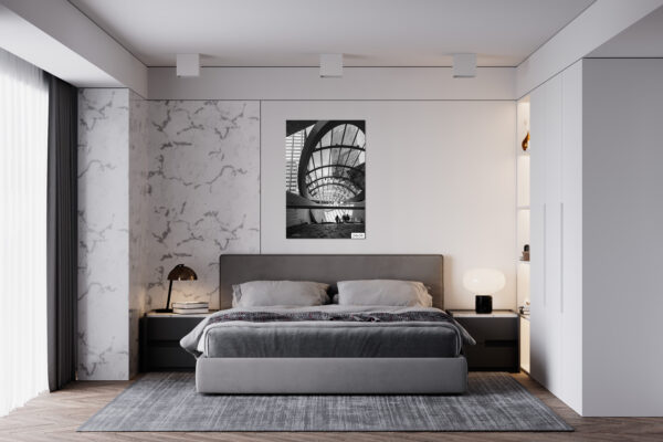 Black and white photograph of Wynyard Walk canopy in Sydney, featuring modern architectural lines – wall art print for home or office decor.