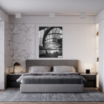 Black and white photograph of Wynyard Walk canopy in Sydney, featuring modern architectural lines – wall art print for home or office decor.