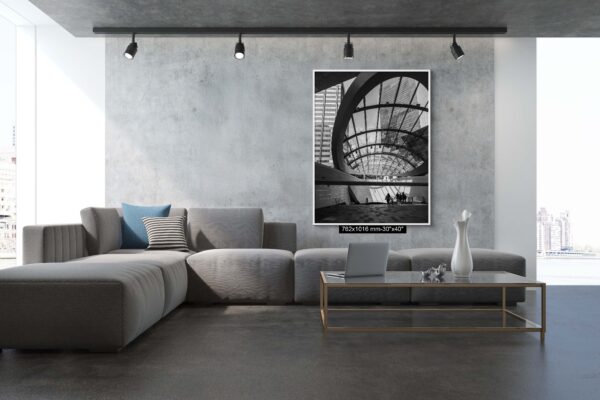 Black and white photograph of Wynyard Walk canopy in Sydney, featuring modern architectural lines – wall art print for home or office decor.