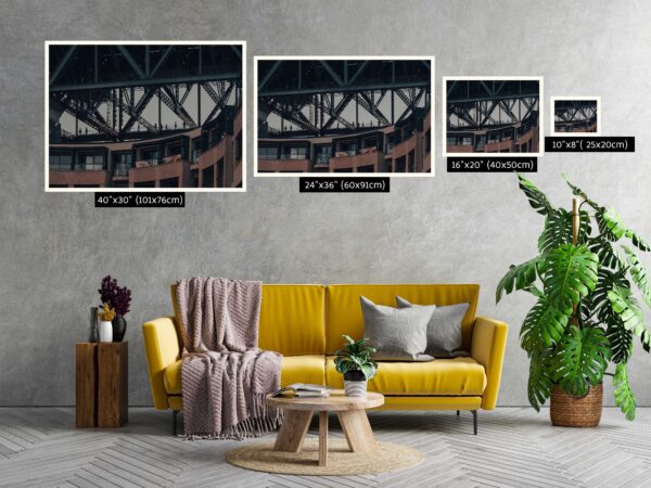 Wall art print featuring bridge climbers at the Sydney Harbour Bridge with the Park Hyatt hotel in the background, captured in a cropped, dynamic composition