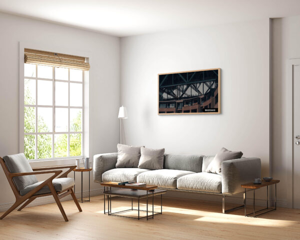 Wall art print featuring bridge climbers at the Sydney Harbour Bridge with the Park Hyatt hotel in the background, captured in a cropped, dynamic composition