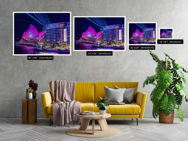 Vivid Sydney fine art print featuring the Sydney Opera House illuminated with pink lights and laser projections, viewed from Bennelong Apartments.