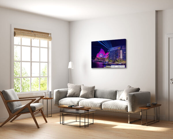 Vivid Sydney fine art print featuring the Sydney Opera House illuminated with pink lights and laser projections, viewed from Bennelong Apartments.