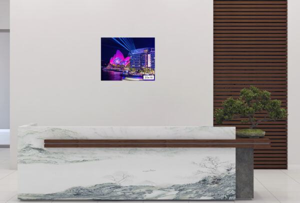 Vivid Sydney fine art print featuring the Sydney Opera House illuminated with pink lights and laser projections, viewed from Bennelong Apartments.