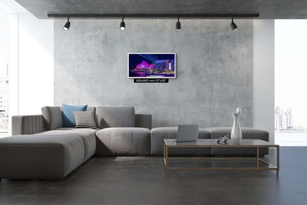 Vivid Sydney fine art print featuring the Sydney Opera House illuminated with pink lights and laser projections, viewed from Bennelong Apartments.