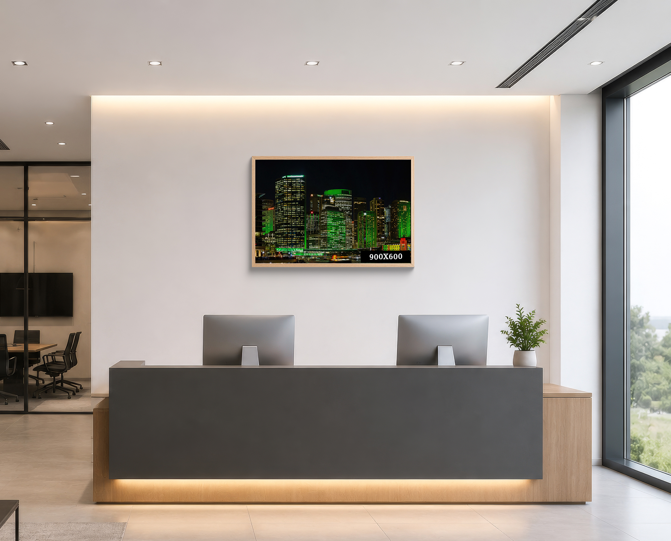Sydney CBD night cityscape print displayed in a modern office