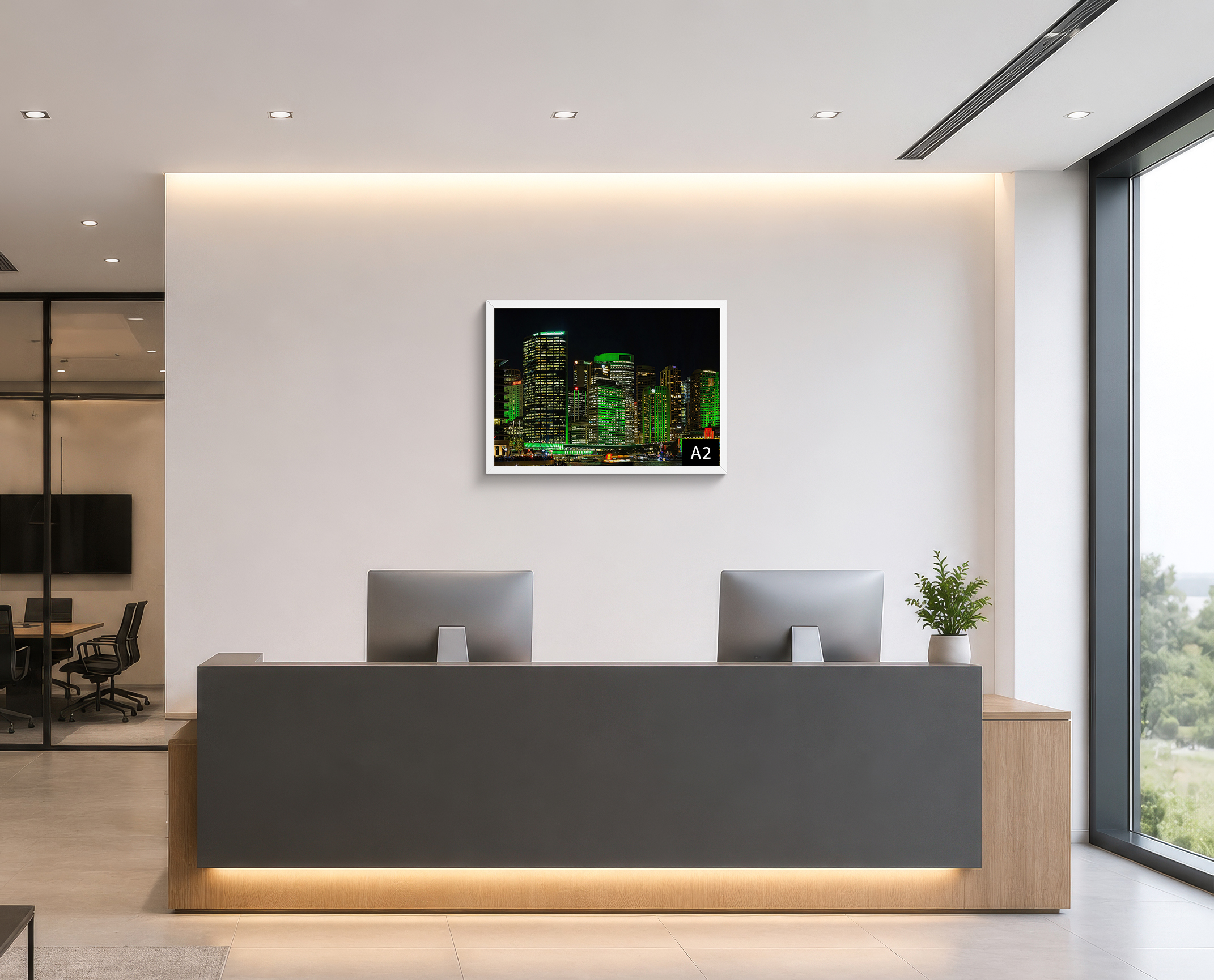 Sydney CBD night cityscape print displayed in a modern office