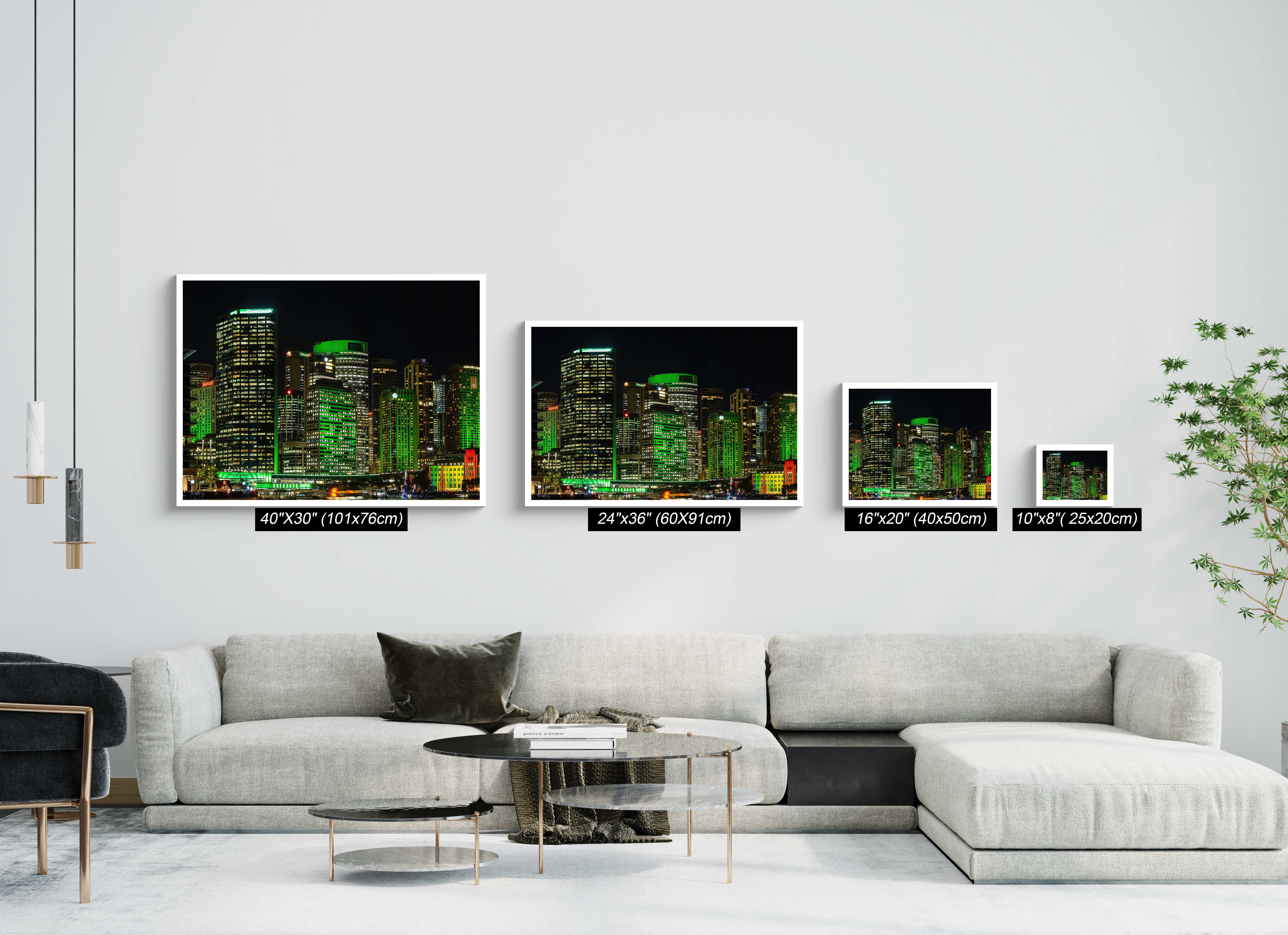 Vivid Sydney green skyscrapers wall art displayed in a contemporary living room