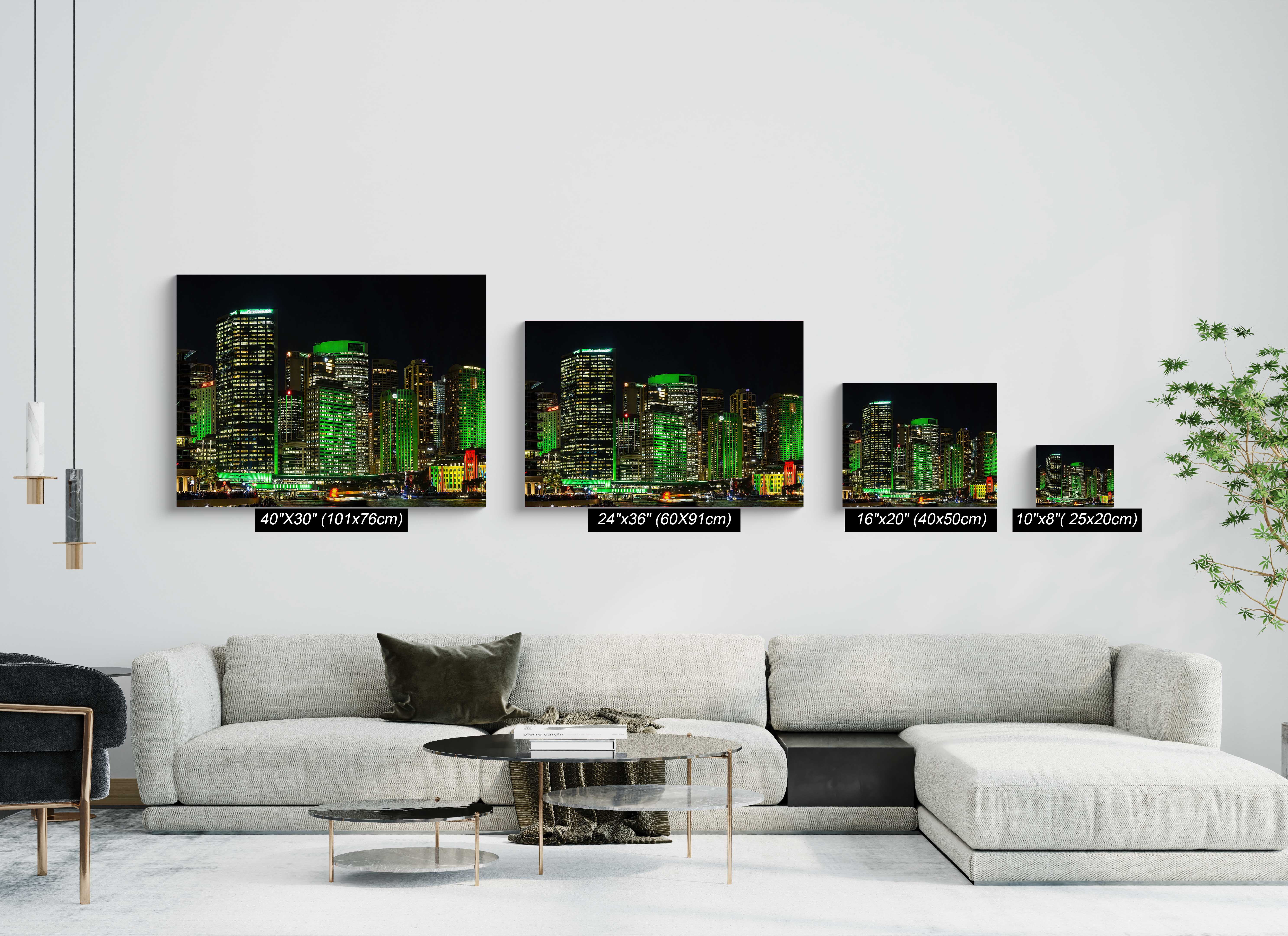 Vivid Sydney green skyscrapers wall art displayed in a contemporary living room