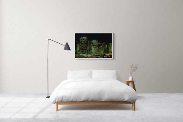 Vivid Sydney urban green CBD skyscrapers at night, architectural wall art print for office and home decor.