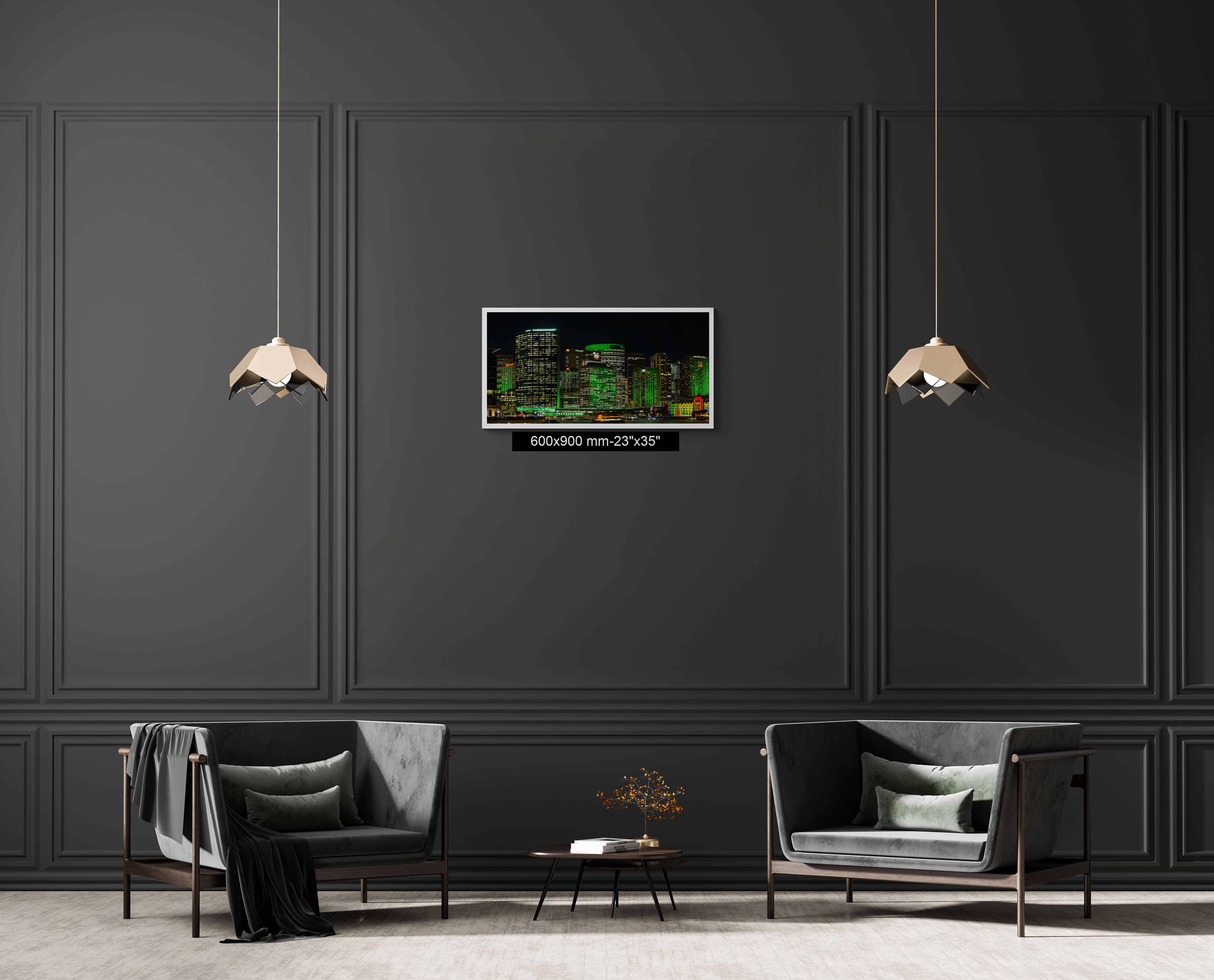 Sydney CBD night cityscape print displayed in a modern office