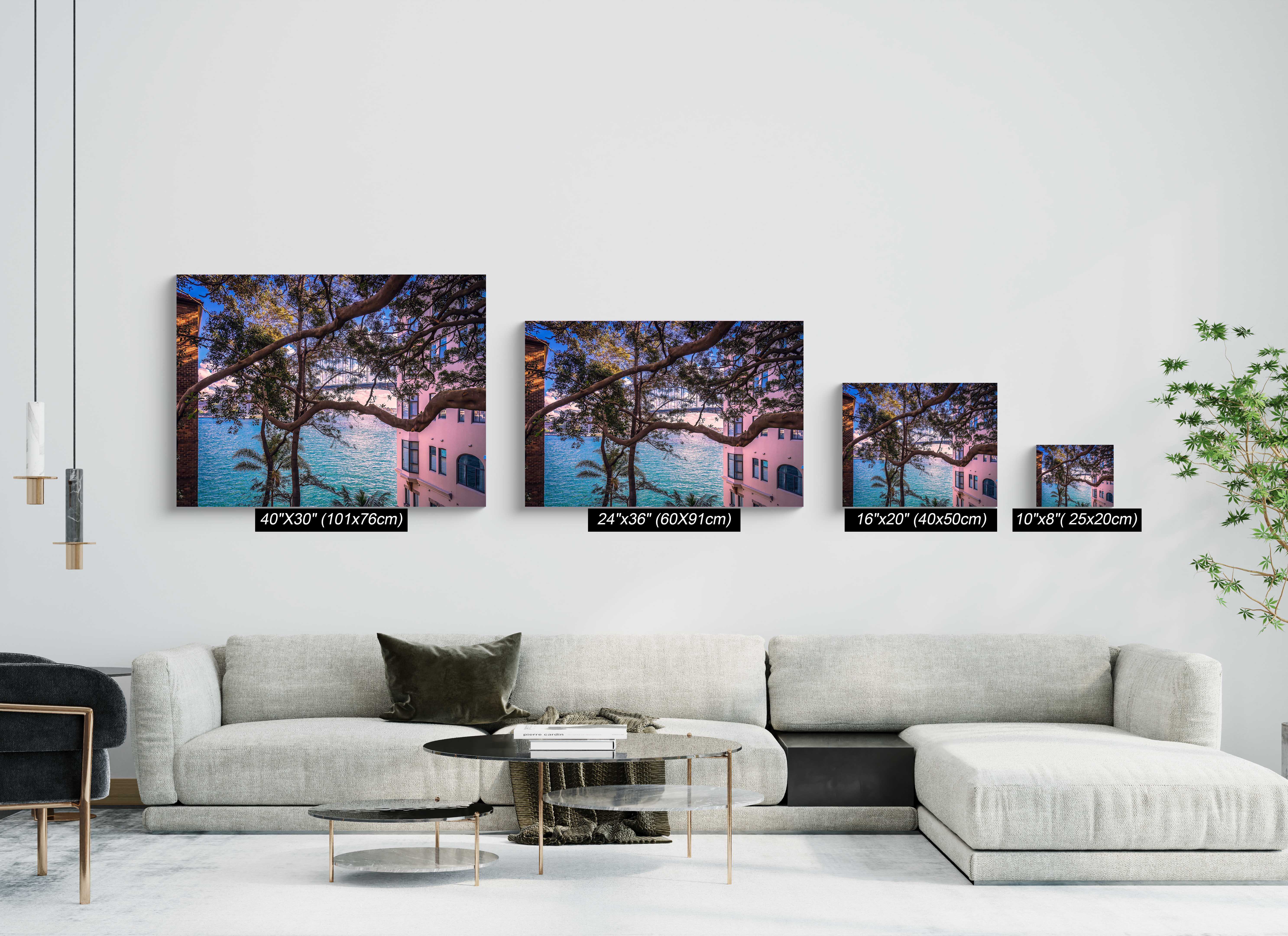 Sydney Harbour wall art displayed above a sofa in a modern living room