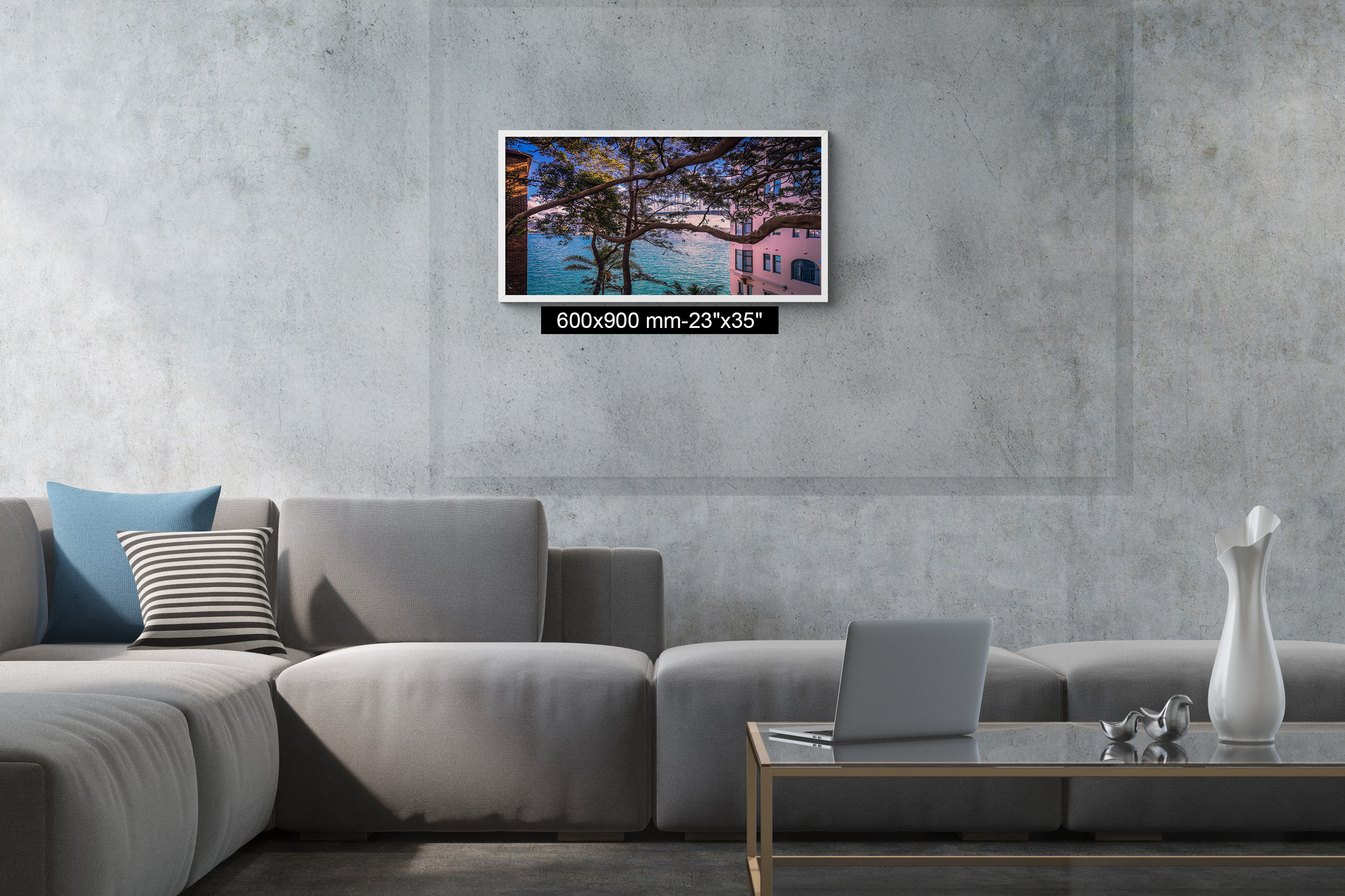 Sydney Harbour wall art displayed above a sofa in a modern living room