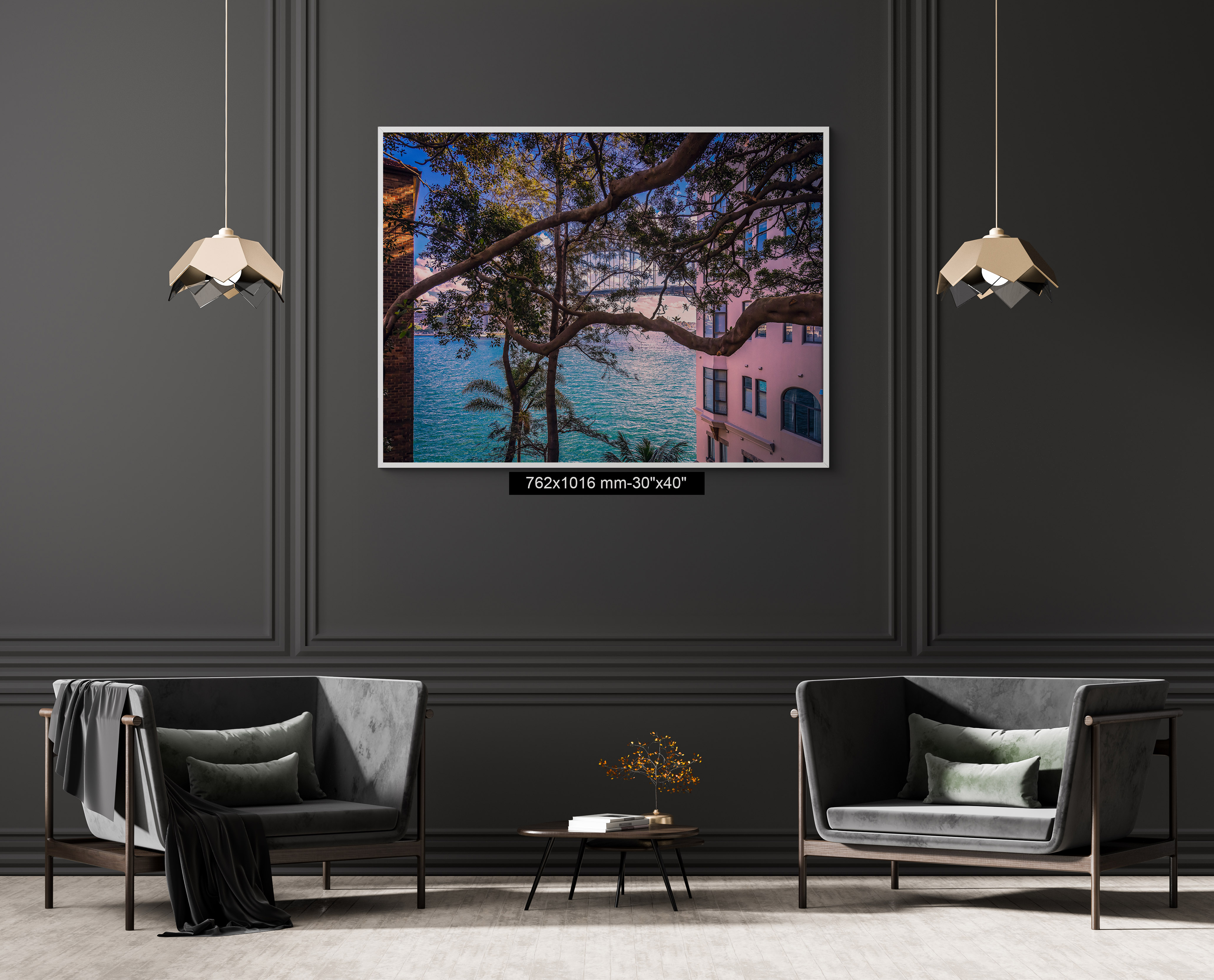 Kirribilli Harbour Bridge photography print shown in a contemporary office