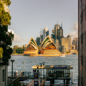 Sydney Opera House viewed from Kirribilli between two Art Deco apartment buildings