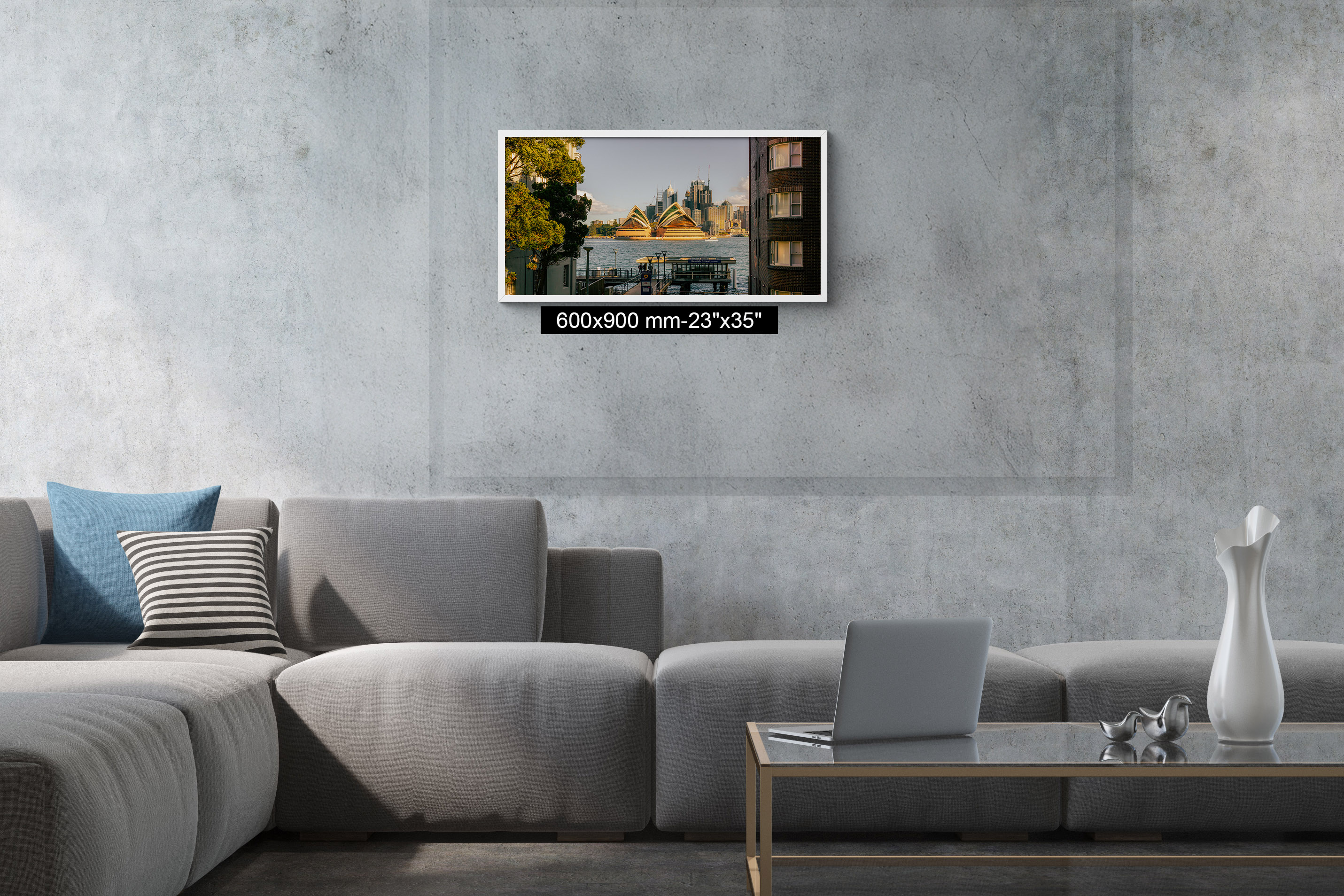 Sydney architectural wall art shown above a living room sofa