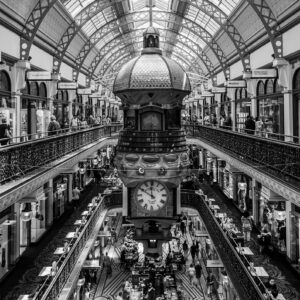 Queen Victoria Building interior black and white wall art print showing the Great Australian Clock and ornate heritage architecture in Sydney.