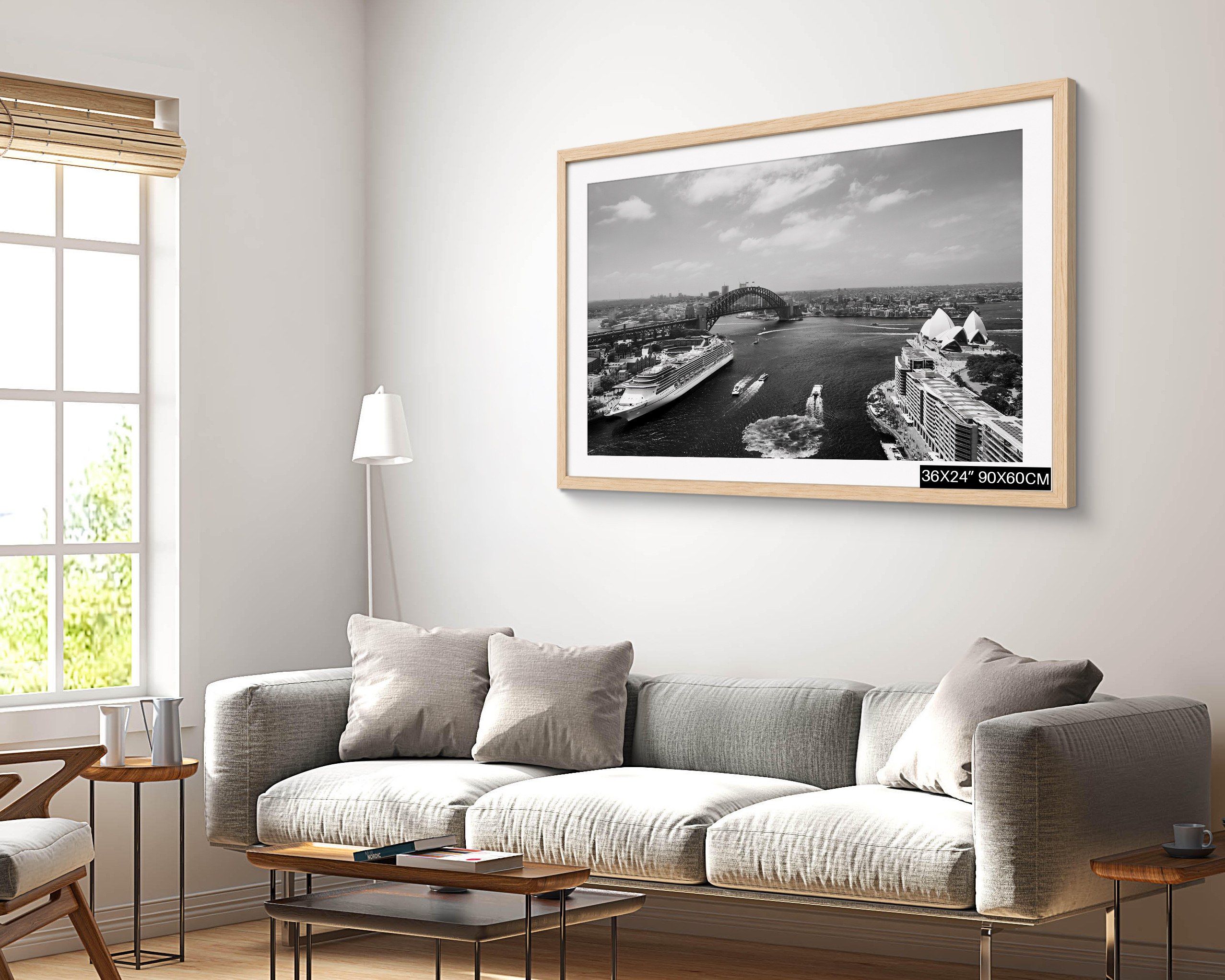 Large framed Sydney Harbour black and white wall art featuring the Opera House, Harbour Bridge, Circular Quay and cruise ship in a contemporary living room.