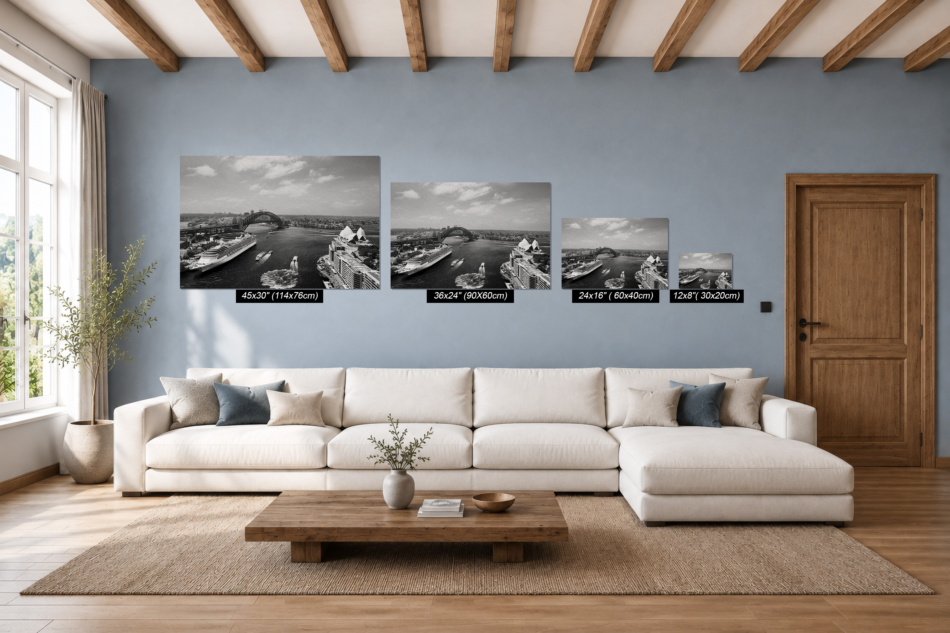 Sydney Harbour black and white fine art photography shown in Hahnemühle Photo Rag print sizes from 12 × 8 to 45 × 30 inches in a contemporary interior.