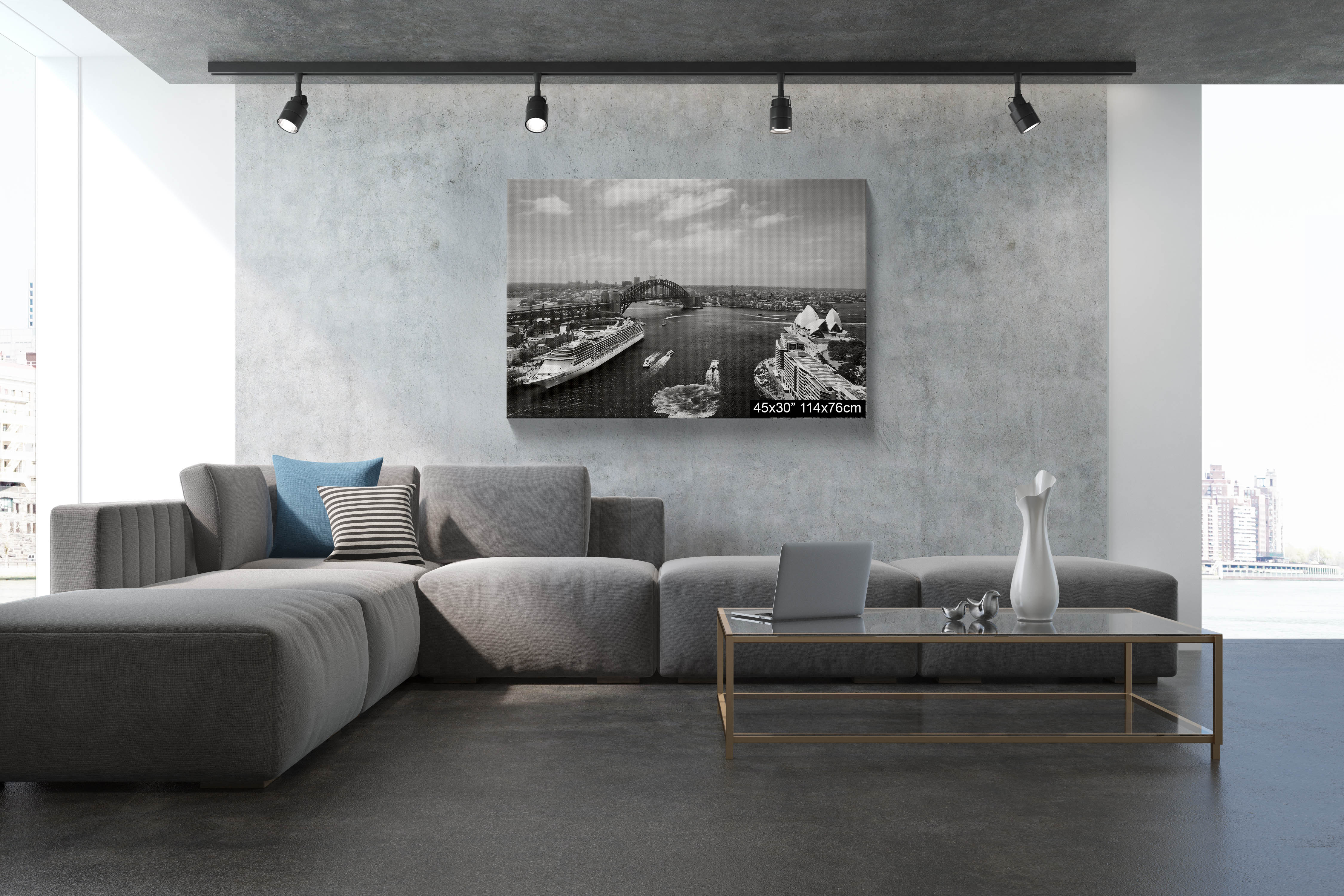 Large Sydney Harbour black and white photograph displayed as a 45 × 30 inch stretched canvas in a modern living room.