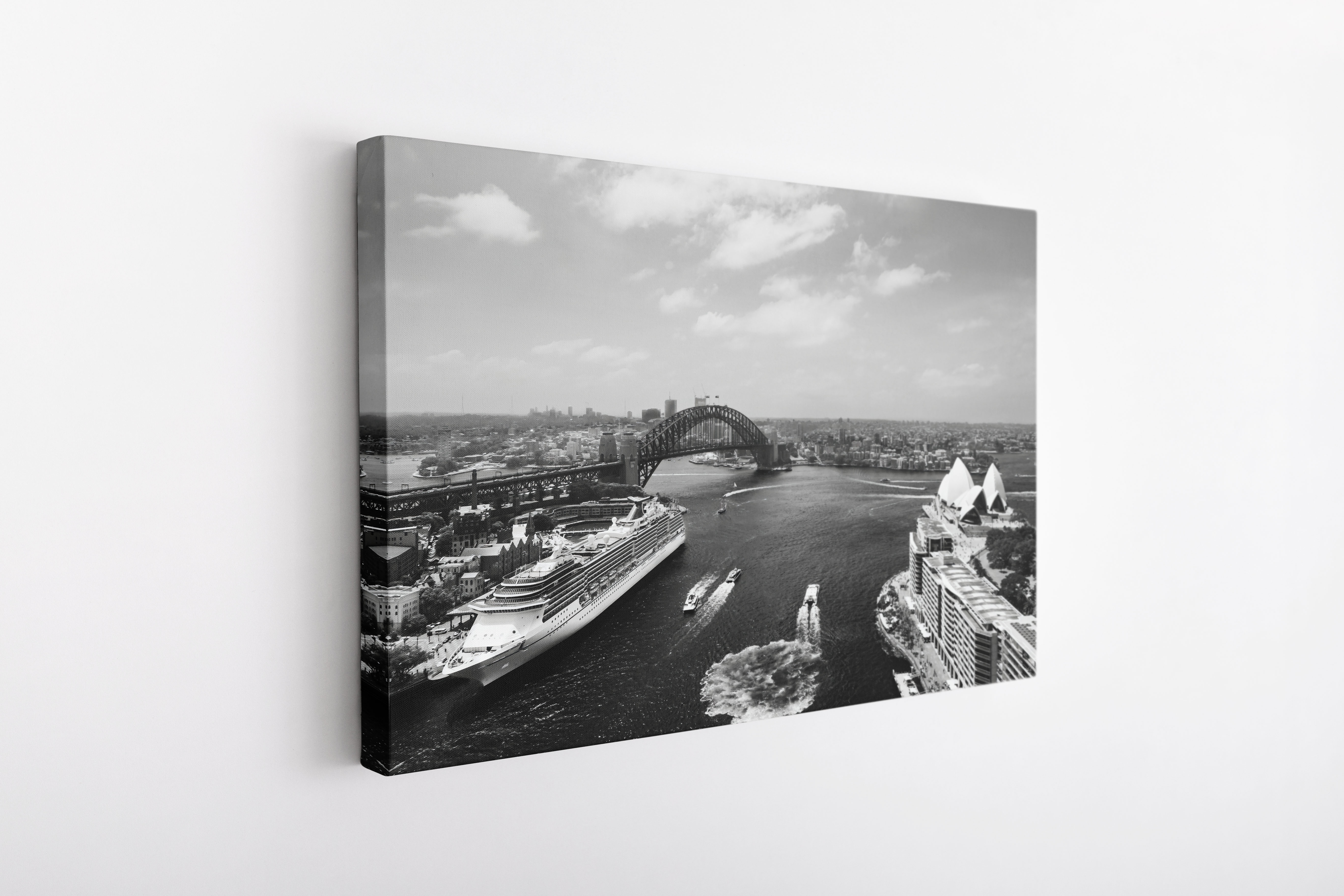 Sydney Harbour black and white photograph shown as a stretched canvas from the side, highlighting the wrapped edge and canvas depth.